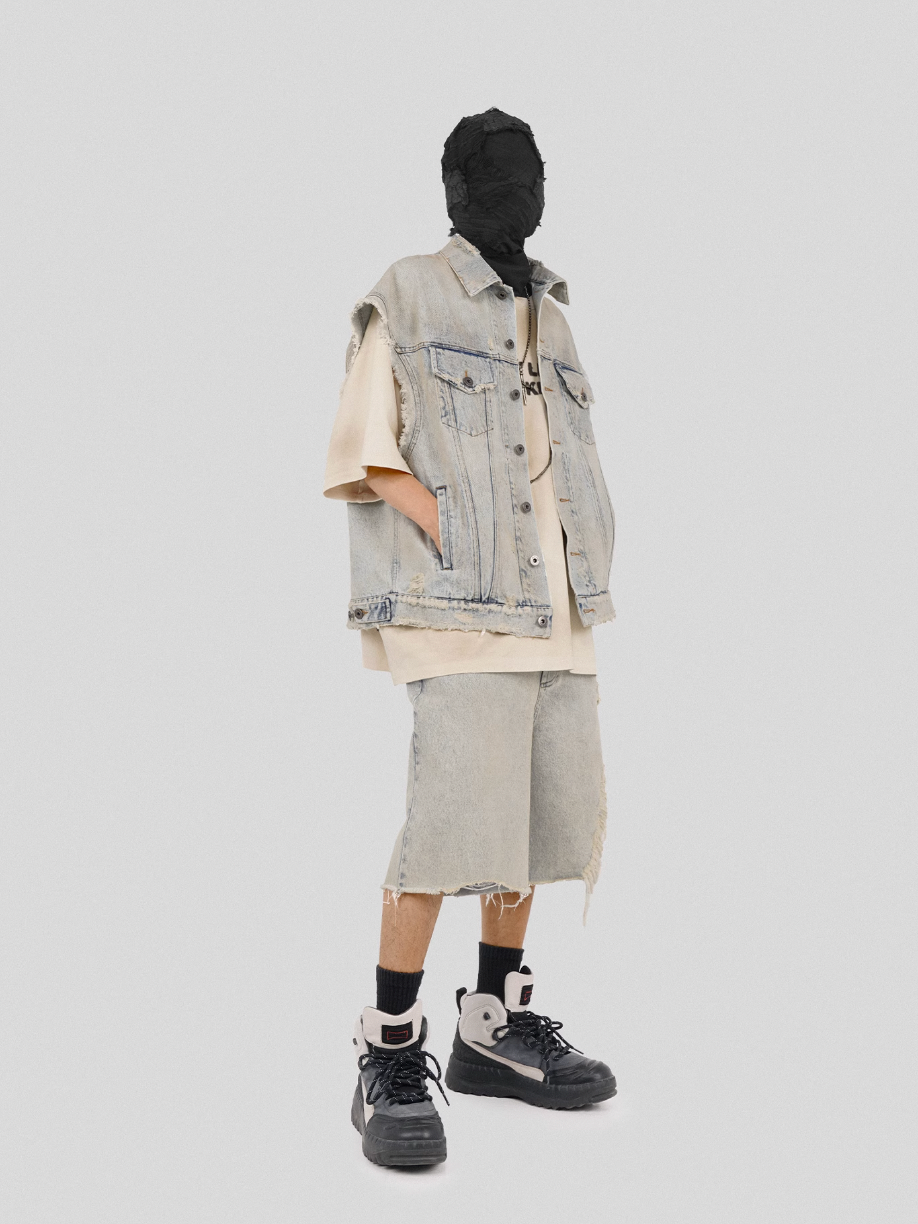 UNDERWATER Washed Damaged Light Blue Denim Shorts | Baggy Jorts