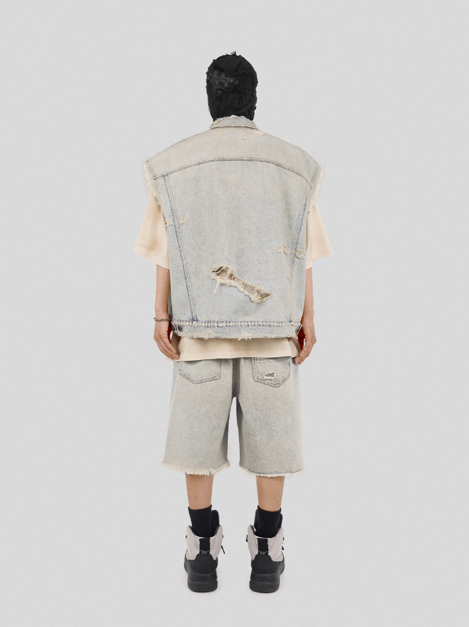 UNDERWATER Washed Damaged Light Blue Denim Shorts | Baggy Jorts