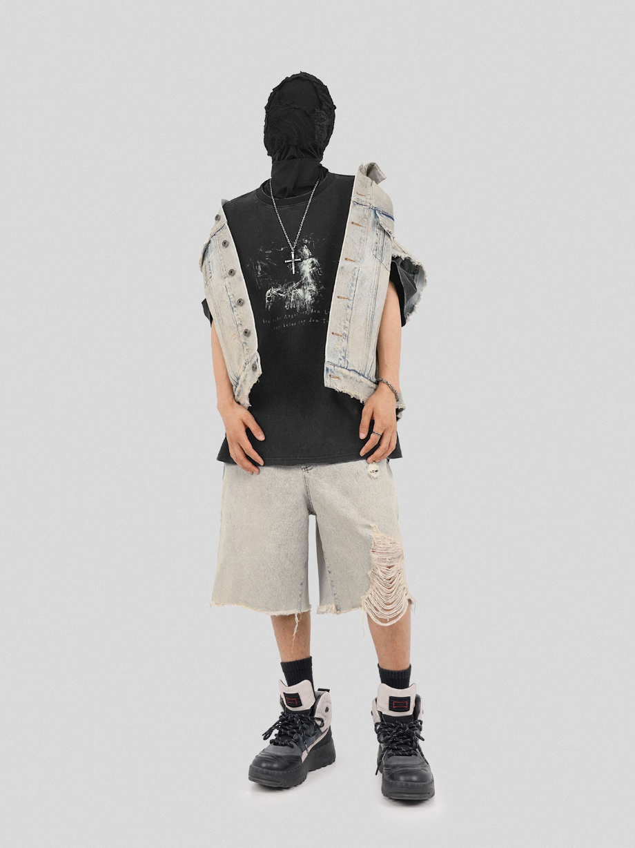 UNDERWATER Washed Damaged Light Blue Denim Shorts | Baggy Jorts