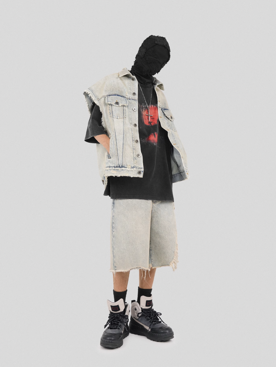 UNDERWATER Washed Damaged Light Blue Denim Shorts | Baggy Jorts