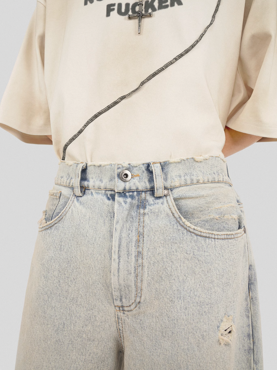 UNDERWATER Washed Damaged Light Blue Denim Shorts | Baggy Jorts