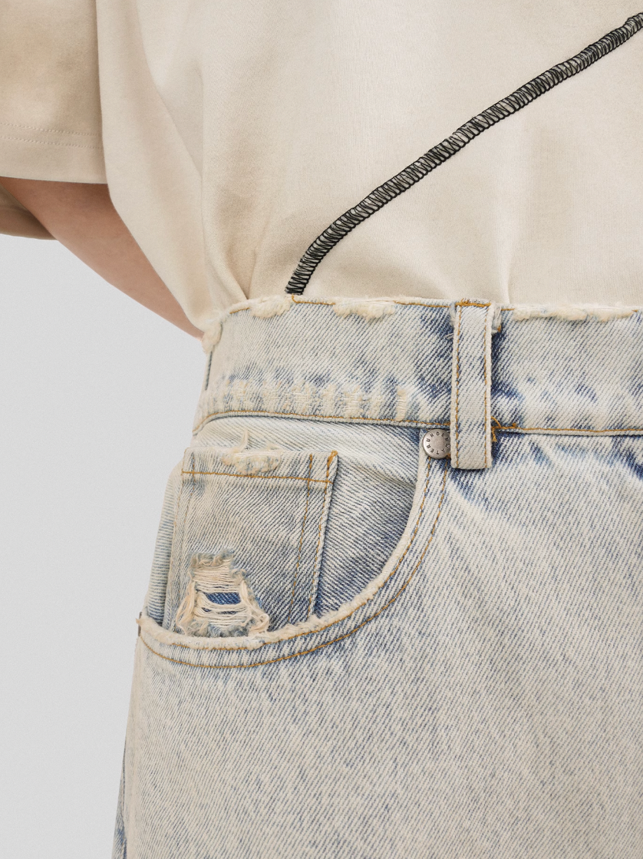UNDERWATER Washed Damaged Light Blue Denim Shorts | Baggy Jorts