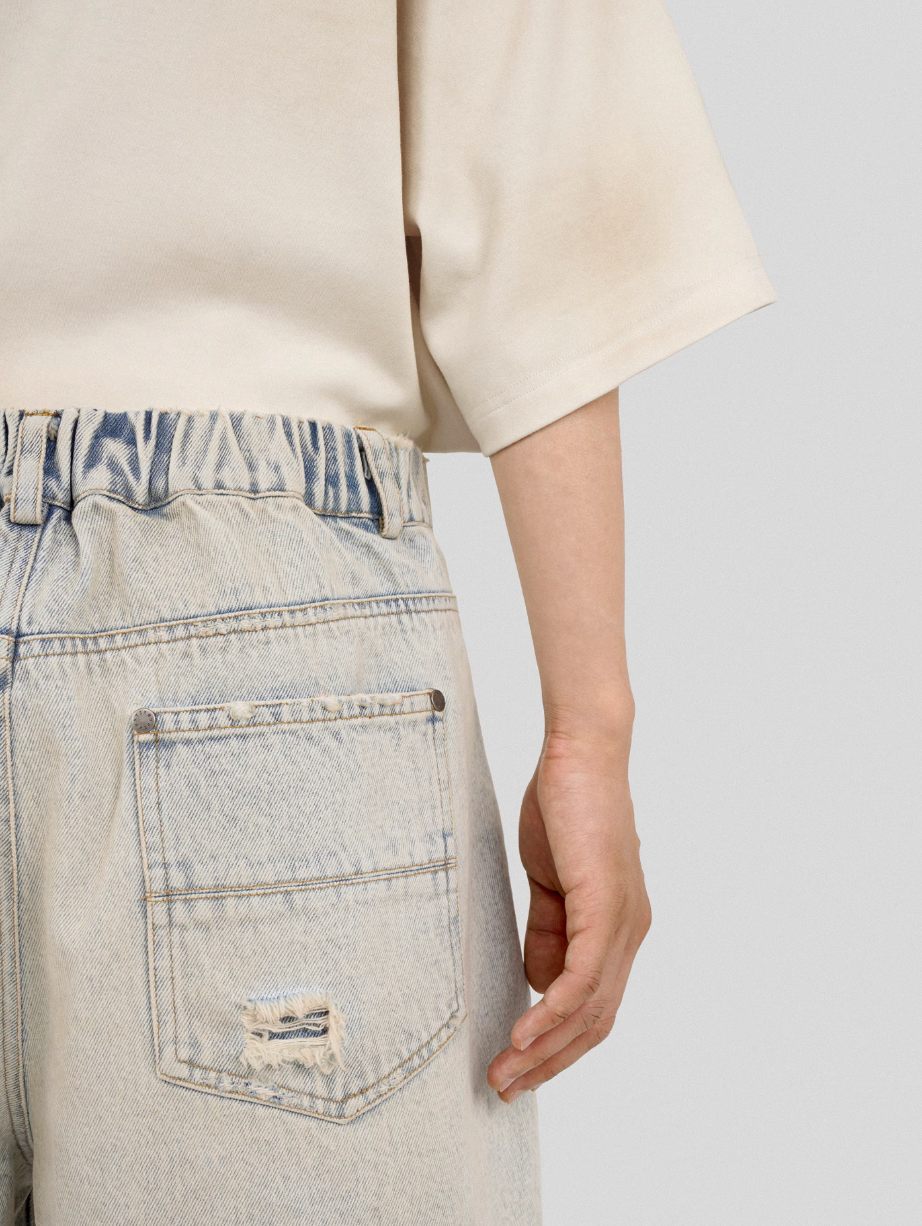 UNDERWATER Washed Damaged Light Blue Denim Shorts | Baggy Jorts