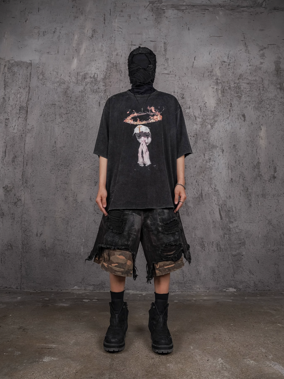 UNDERWATER Double Layer Damage Black Cargo Denim Shorts | Baggy Jorts