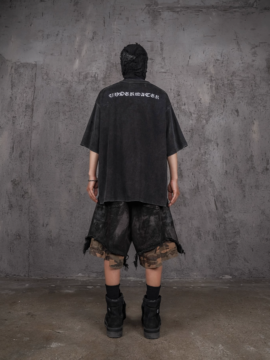 UNDERWATER Double Layer Damage Black Cargo Denim Shorts | Baggy Jorts