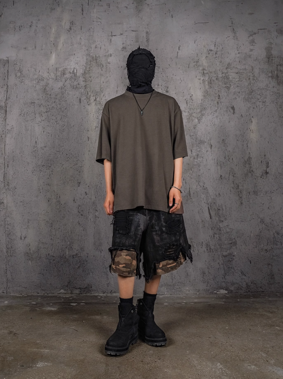 UNDERWATER Double Layer Damage Black Cargo Denim Shorts | Baggy Jorts