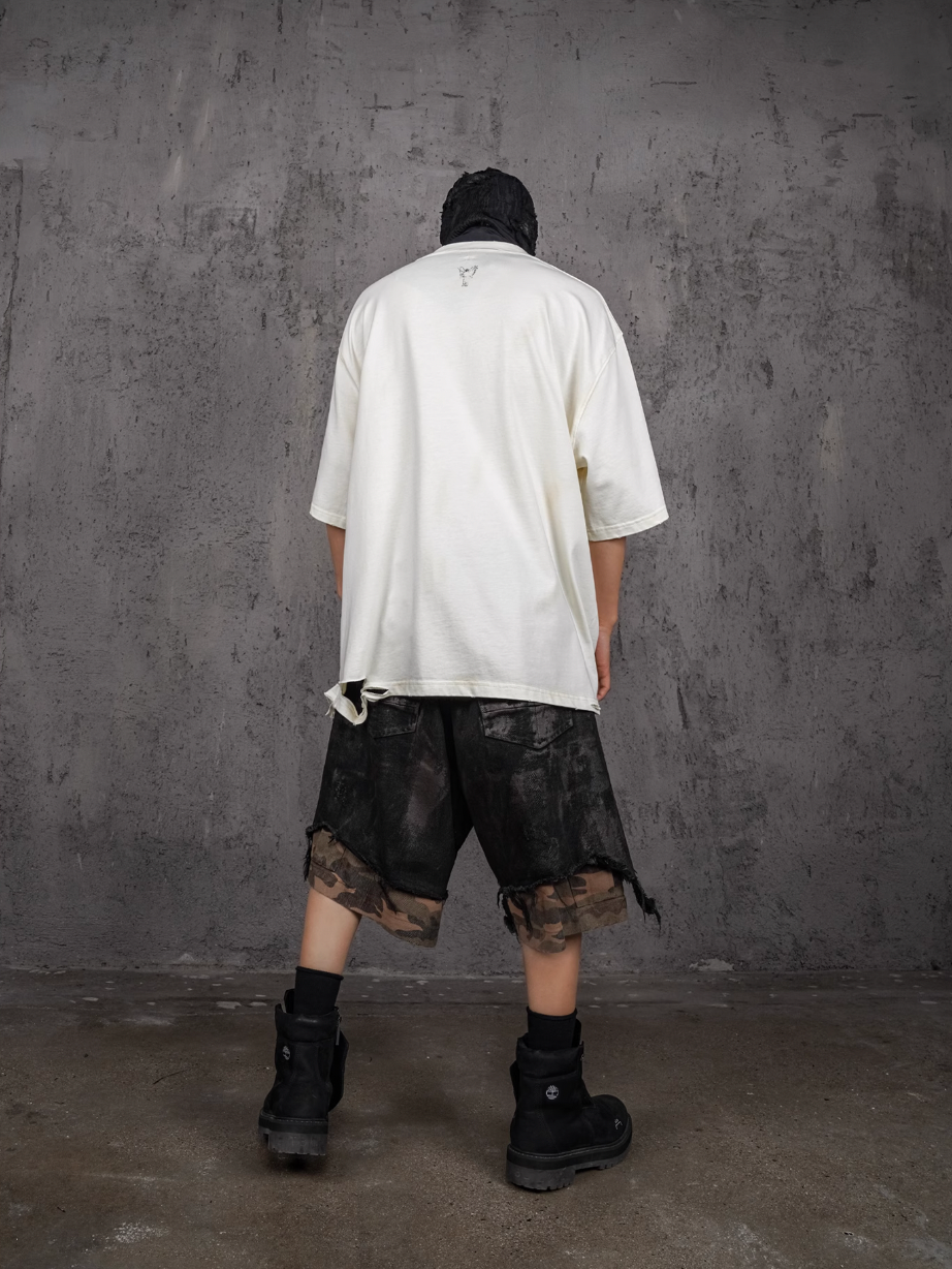 UNDERWATER Double Layer Damage Black Cargo Denim Shorts | Baggy Jorts