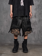 UNDERWATER Double Layer Damage Black Cargo Denim Shorts | Baggy Jorts