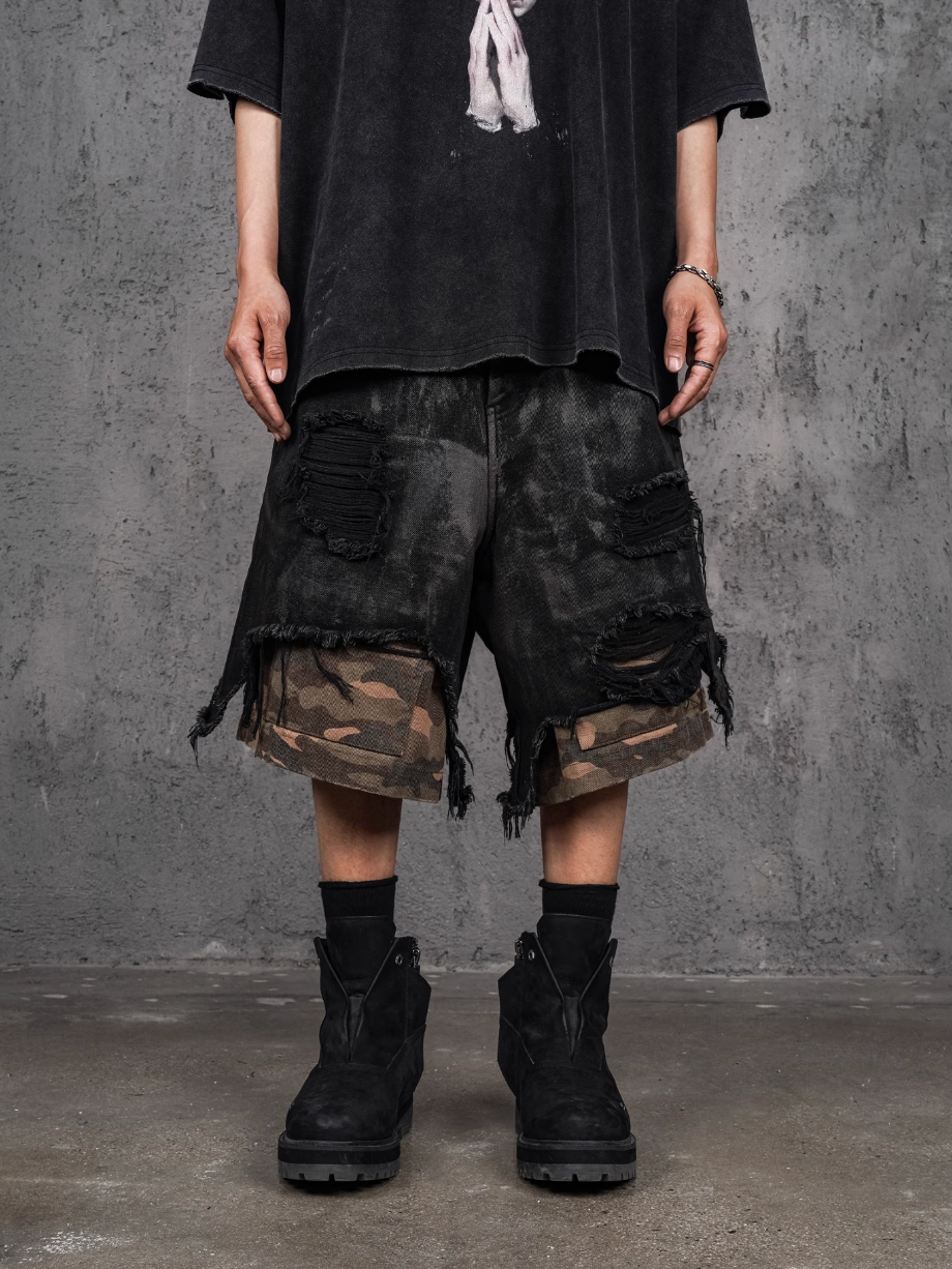 UNDERWATER Double Layer Damage Black Cargo Denim Shorts | Baggy Jorts