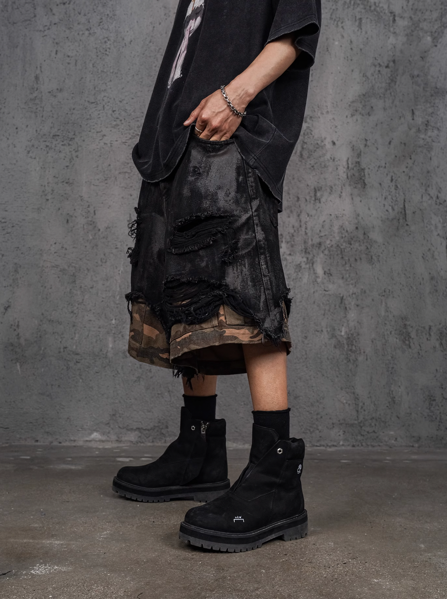 UNDERWATER Double Layer Damage Black Cargo Denim Shorts | Baggy Jorts
