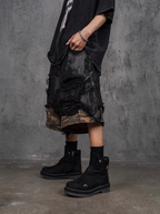 UNDERWATER Double Layer Damage Black Cargo Denim Shorts | Baggy Jorts