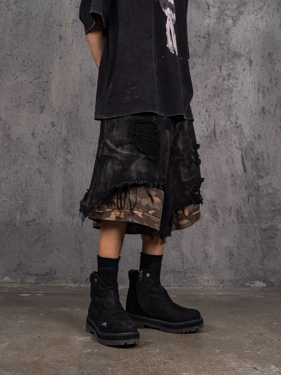 UNDERWATER Double Layer Damage Black Cargo Denim Shorts | Baggy Jorts