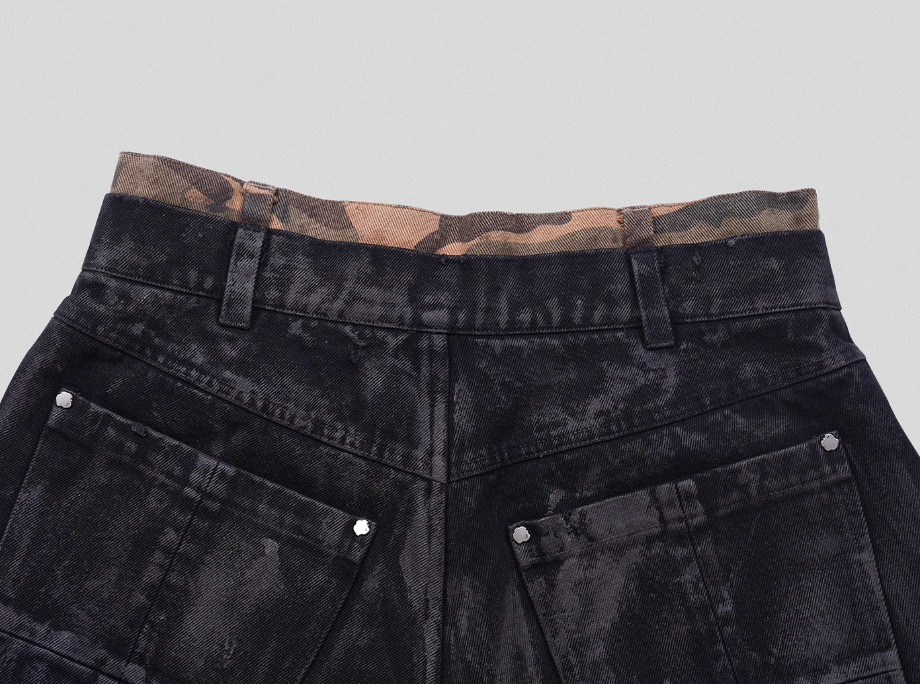UNDERWATER Double Layer Damage Black Cargo Denim Shorts | Baggy Jorts