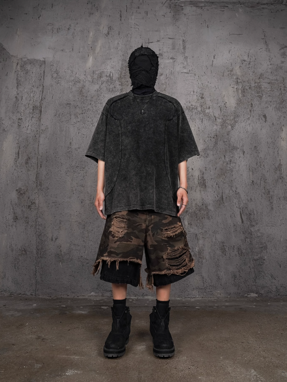 UNDERWATER Double Layer Damage Camo Cargo Denim Shorts | Baggy Jorts