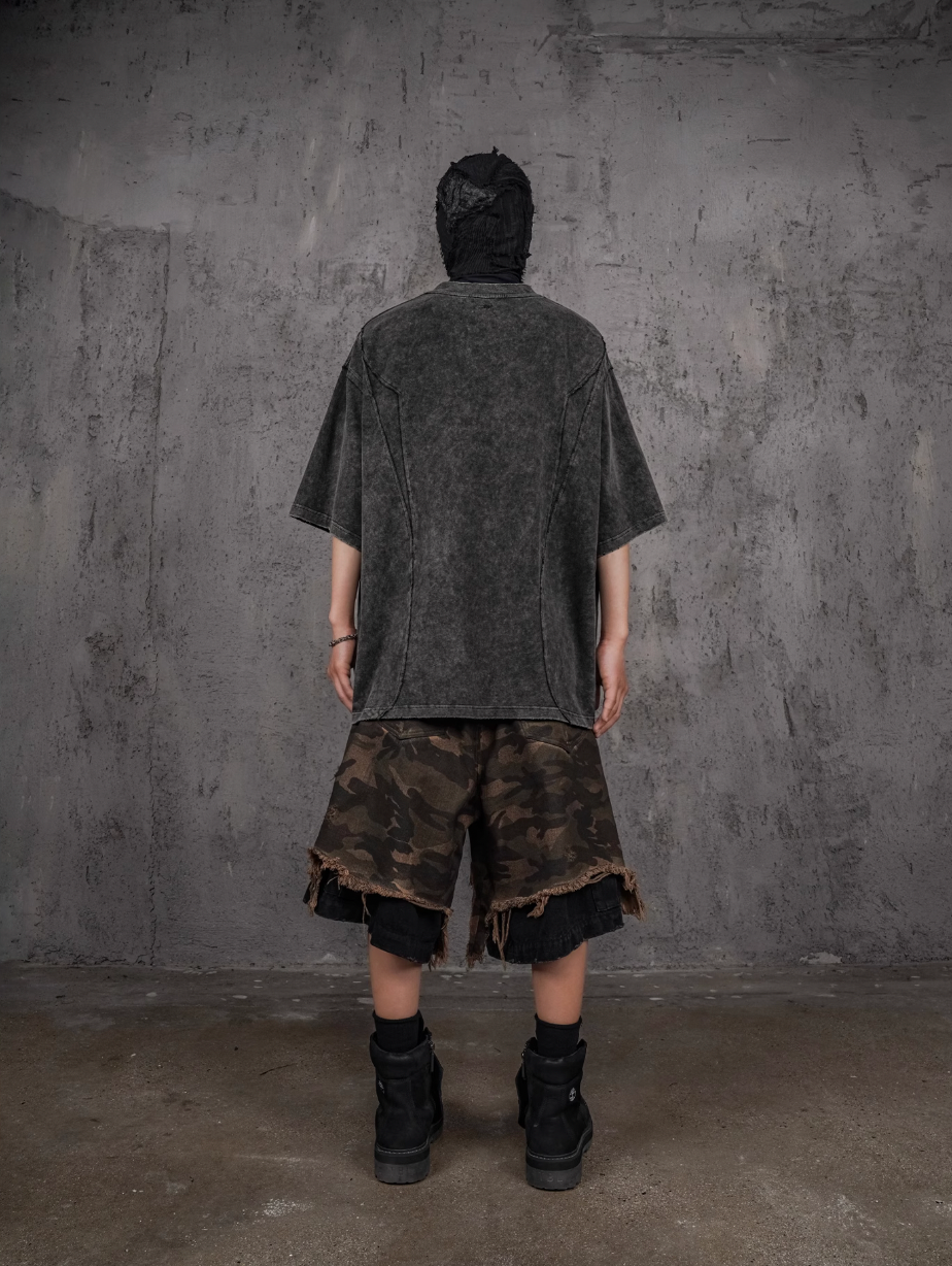 UNDERWATER Double Layer Damage Camo Cargo Denim Shorts | Baggy Jorts