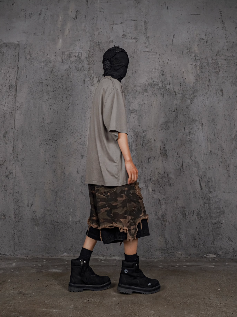 UNDERWATER Double Layer Damage Camo Cargo Denim Shorts | Baggy Jorts