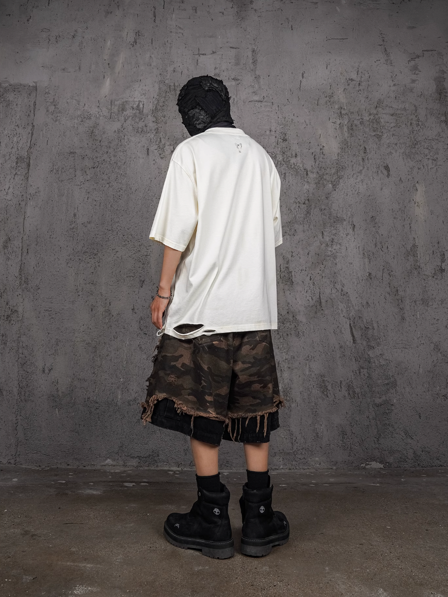 UNDERWATER Double Layer Damage Camo Cargo Denim Shorts | Baggy Jorts