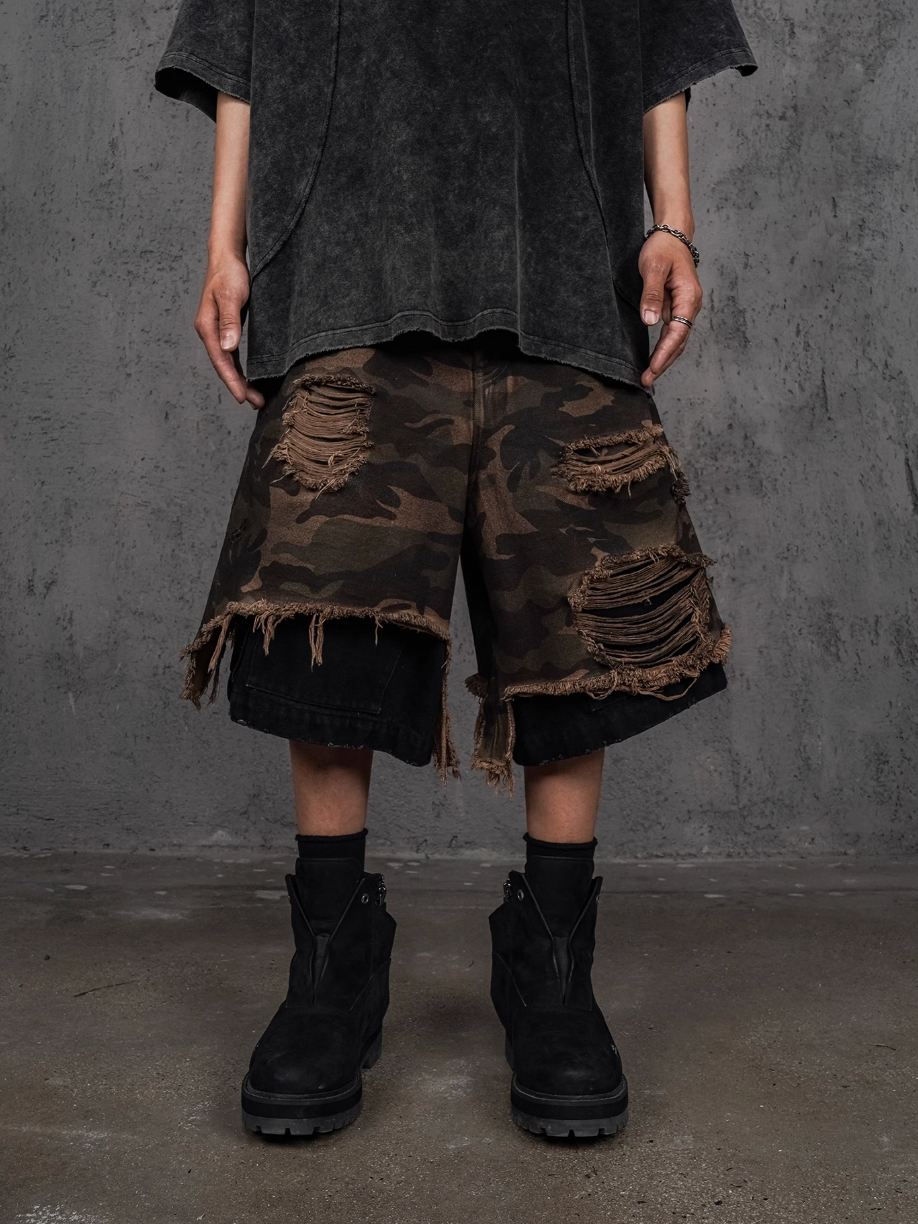 UNDERWATER Double Layer Damage Camo Cargo Denim Shorts | Baggy Jorts