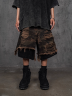 UNDERWATER Double Layer Damage Camo Cargo Denim Shorts | Baggy Jorts