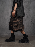 UNDERWATER Double Layer Damage Camo Cargo Denim Shorts | Baggy Jorts