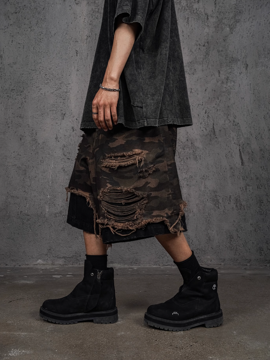 UNDERWATER Double Layer Damage Camo Cargo Denim Shorts | Baggy Jorts