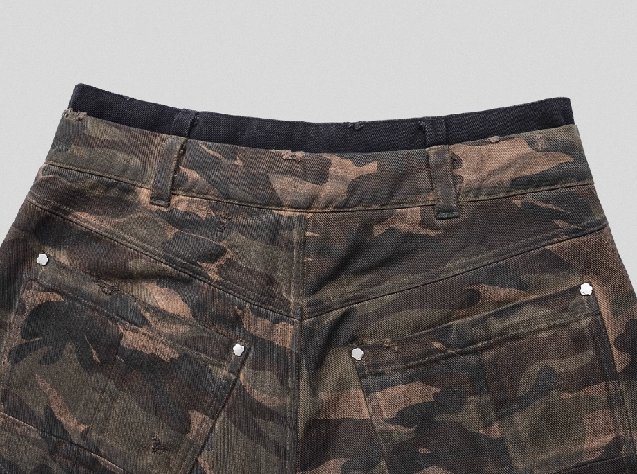 UNDERWATER Double Layer Damage Camo Cargo Denim Shorts | Baggy Jorts