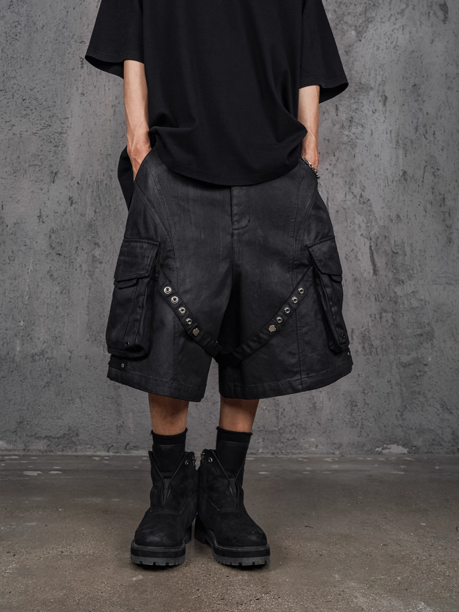 UNDERWATER Wax Bandage Multi Pocket Rivet Work Shorts