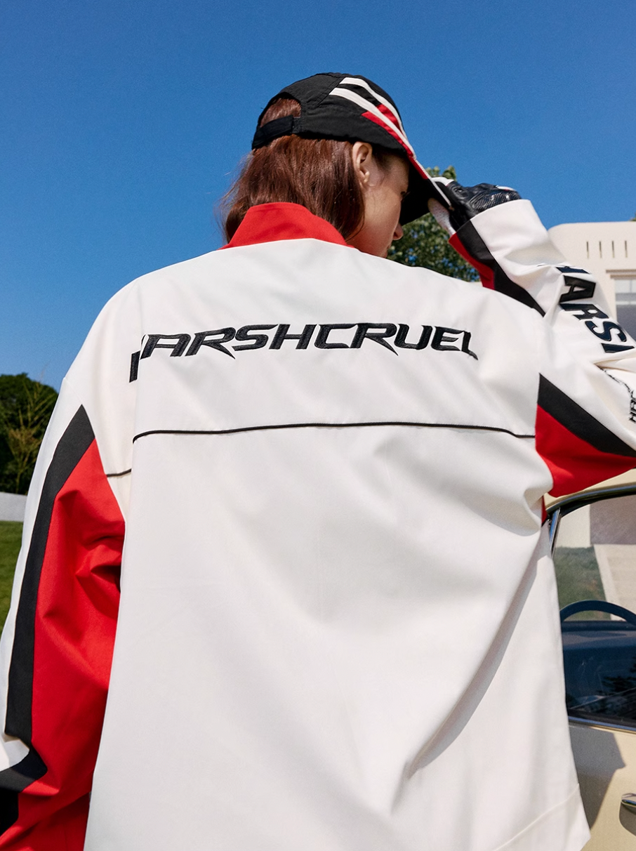 Harsh and Cruel Stand Collar Patch Leather Embroidered Racing Jacket