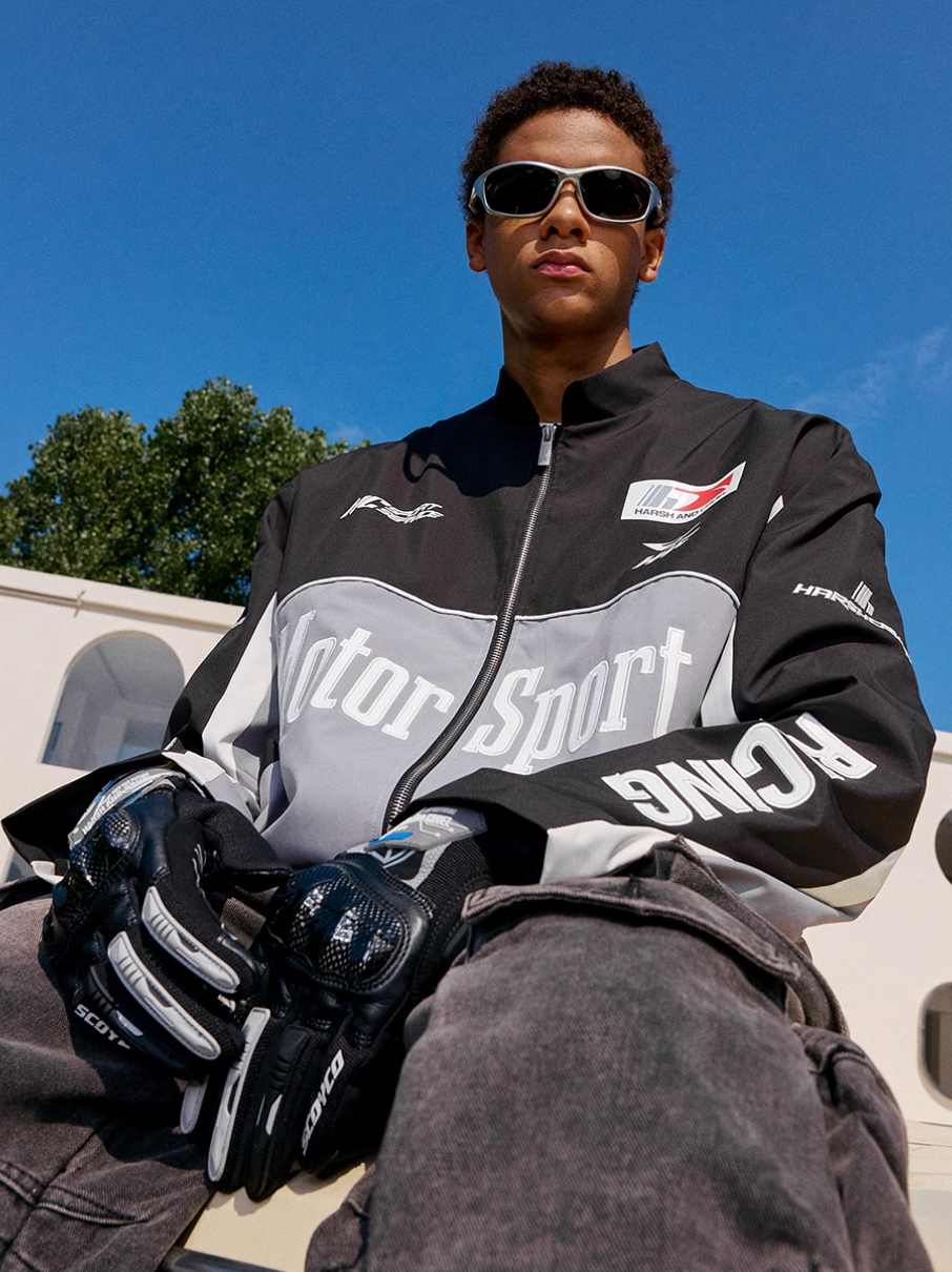 Harsh and Cruel Stand Collar Patch Leather Embroidered Racing Jacket