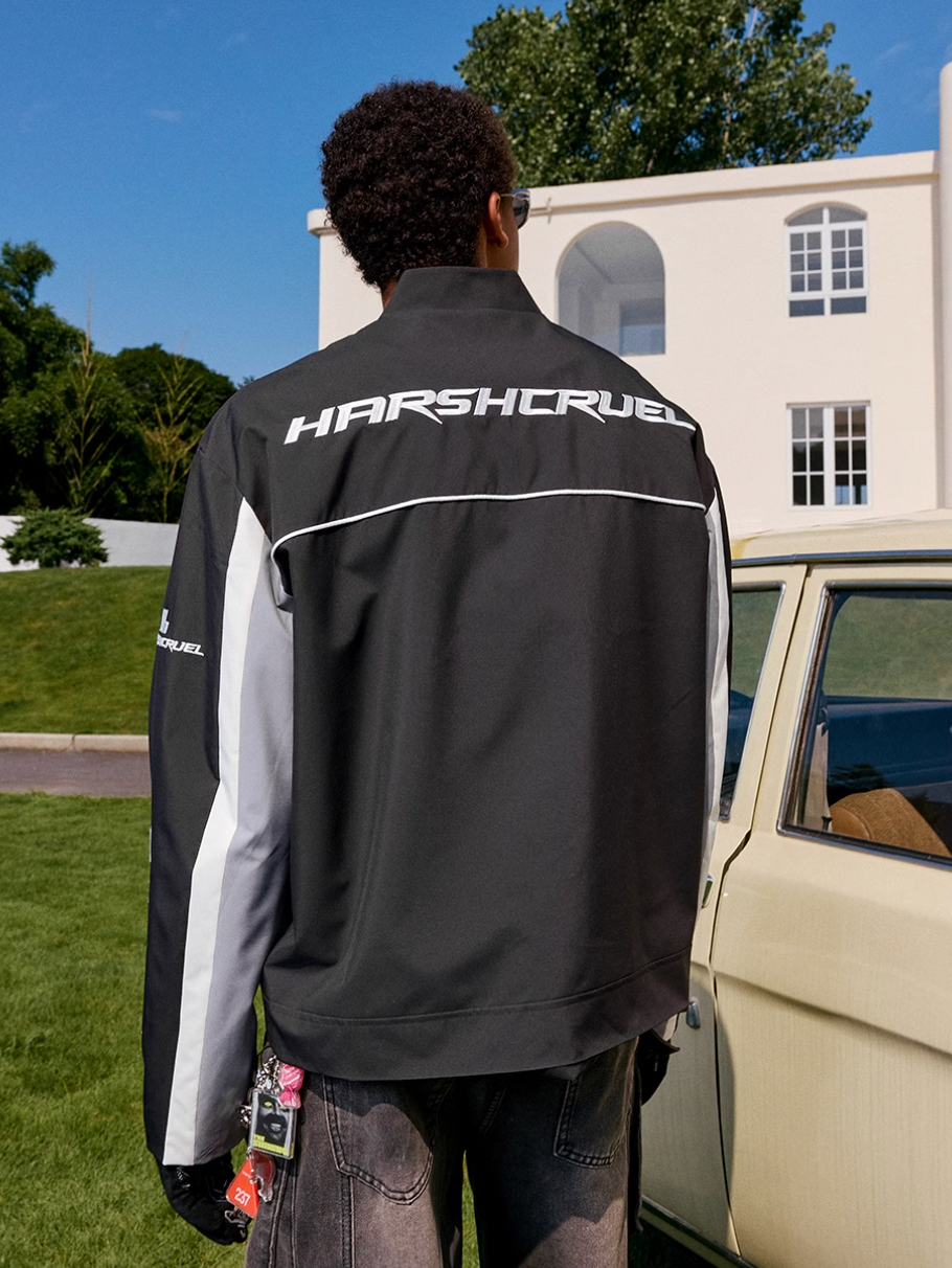 Harsh and Cruel Stand Collar Patch Leather Embroidered Racing Jacket