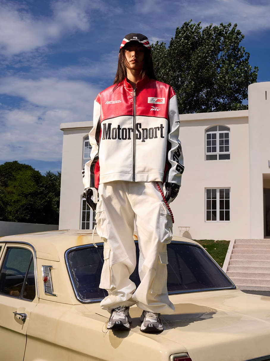 Harsh and Cruel Stand Collar Embroidered Racing Leather Jacket
