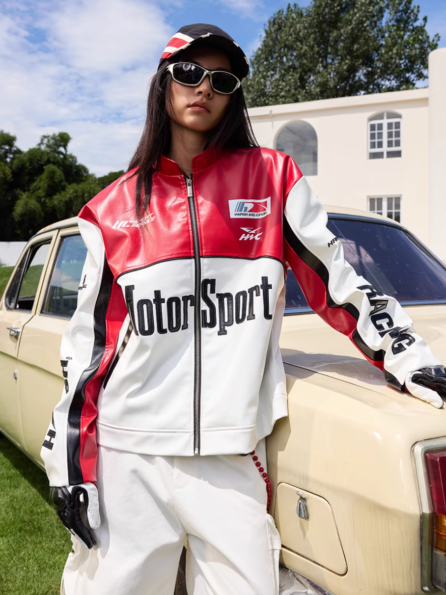 Harsh and Cruel Stand Collar Embroidered Racing Leather Jacket