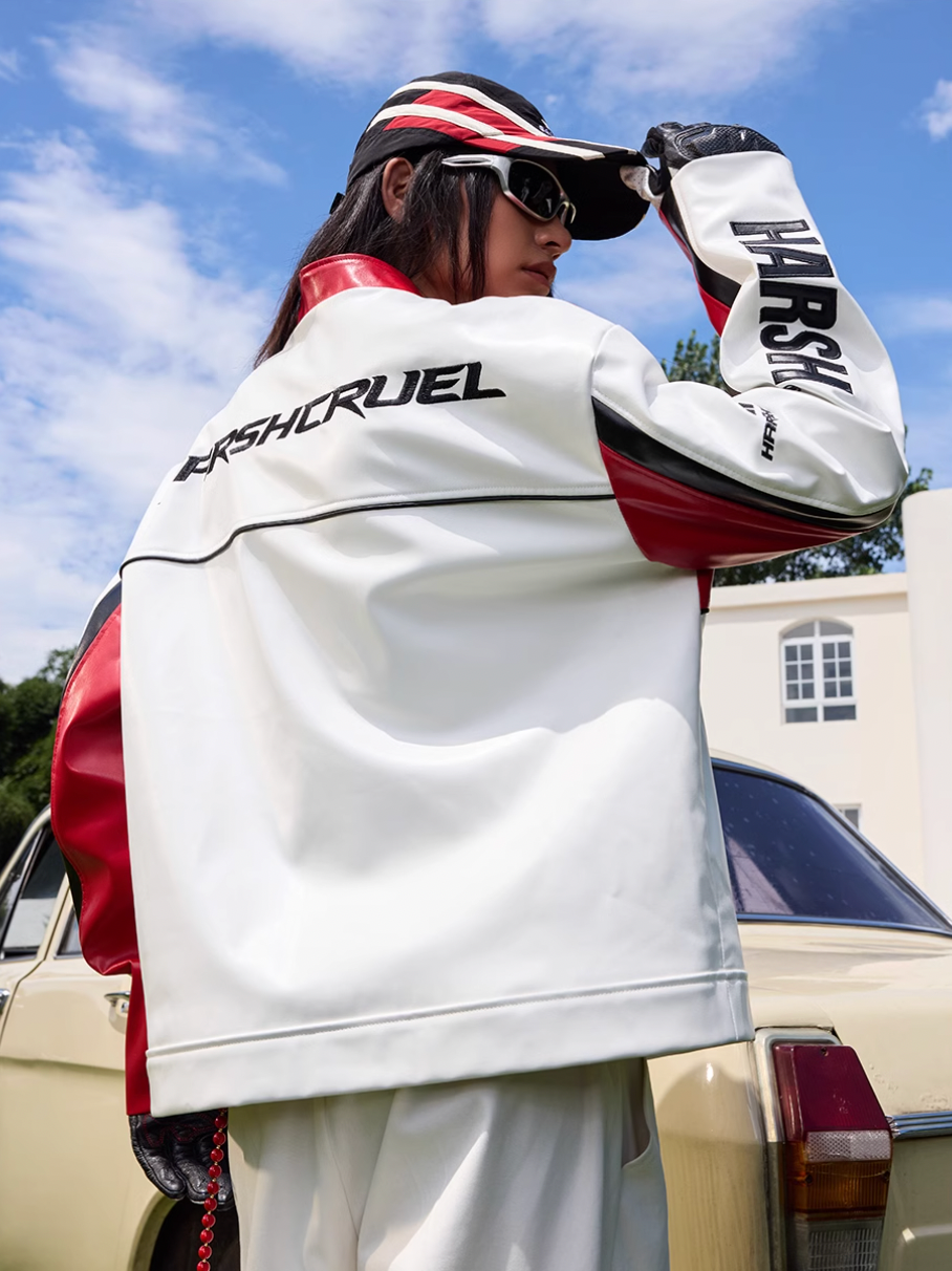 Harsh and Cruel Stand Collar Embroidered Racing Leather Jacket