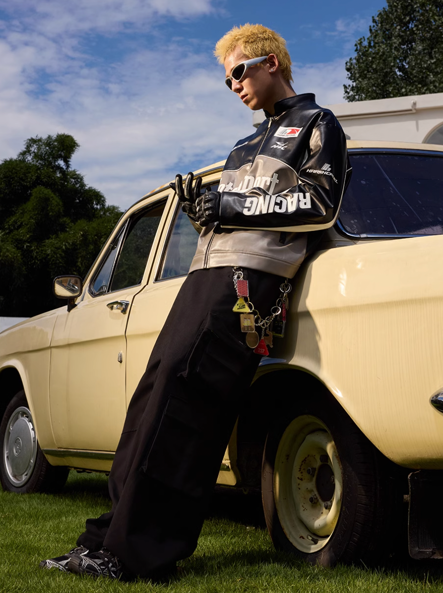 Harsh and Cruel Stand Collar Embroidered Racing Leather Jacket