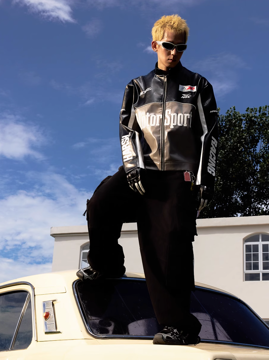 Harsh and Cruel Stand Collar Embroidered Racing Leather Jacket