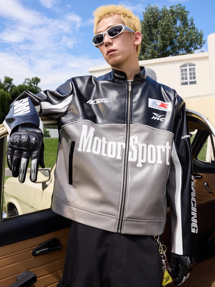 Harsh and Cruel Stand Collar Embroidered Racing Leather Jacket