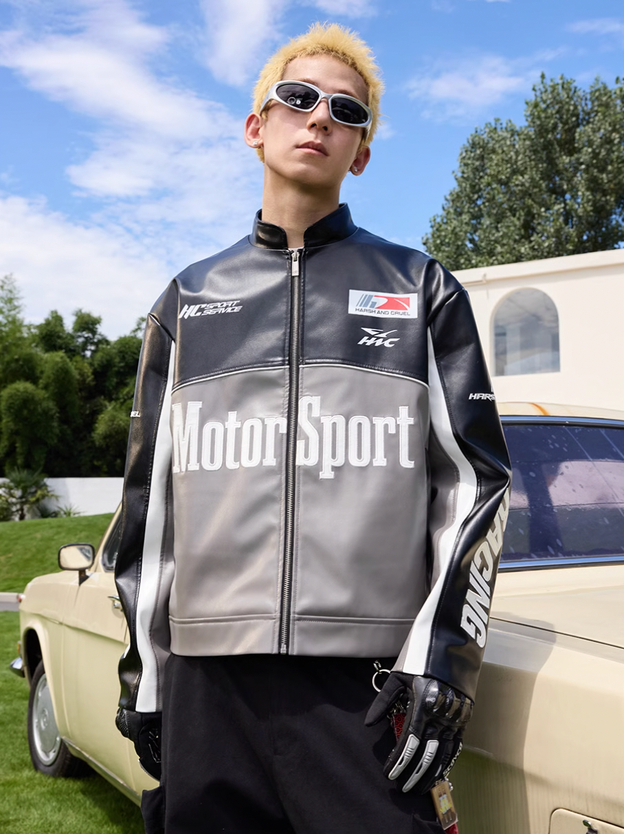 Harsh and Cruel Stand Collar Embroidered Racing Leather Jacket