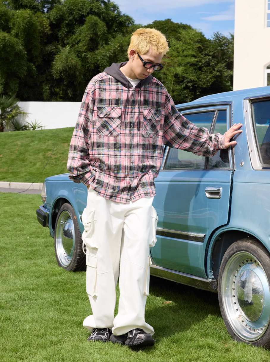 Harsh and Cruel Handwritten Font Hooded Washed Plaid Shirt