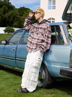 Harsh and Cruel Handwritten Font Hooded Washed Plaid Shirt