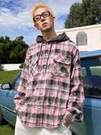 Harsh and Cruel Handwritten Font Hooded Washed Plaid Shirt