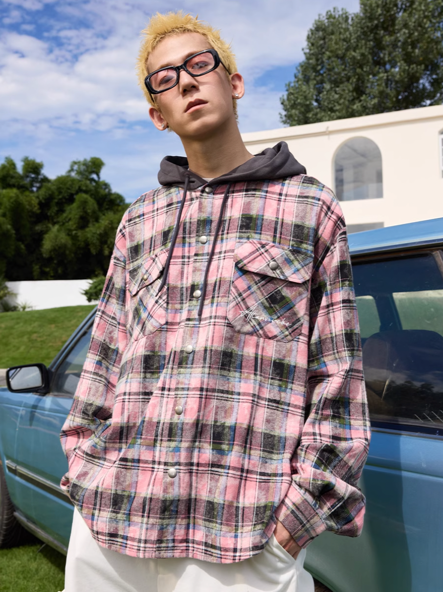 Harsh and Cruel Handwritten Font Hooded Washed Plaid Shirt