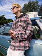 Harsh and Cruel Handwritten Font Hooded Washed Plaid Shirt