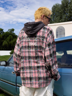 Harsh and Cruel Handwritten Font Hooded Washed Plaid Shirt