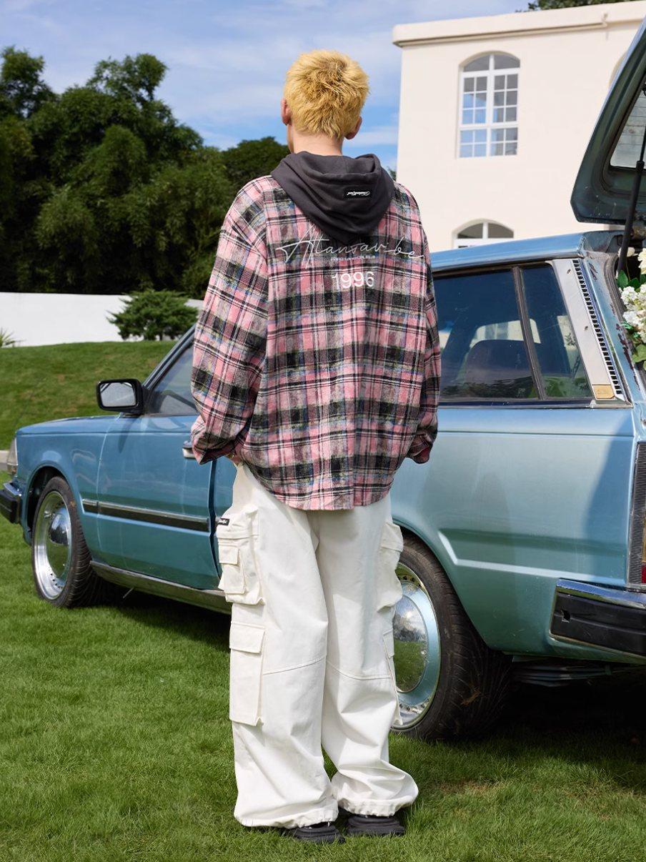 Harsh and Cruel Handwritten Font Hooded Washed Plaid Shirt