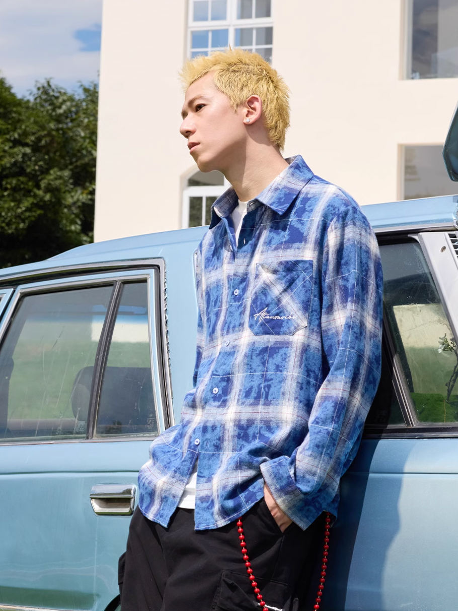 Harsh and Cruel Handwritten Font Washed Plaid Shirt