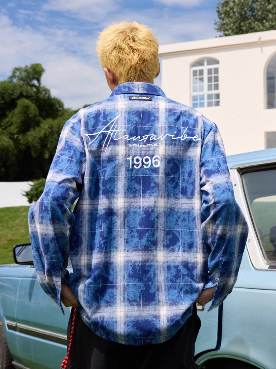 Harsh and Cruel Handwritten Font Washed Plaid Shirt