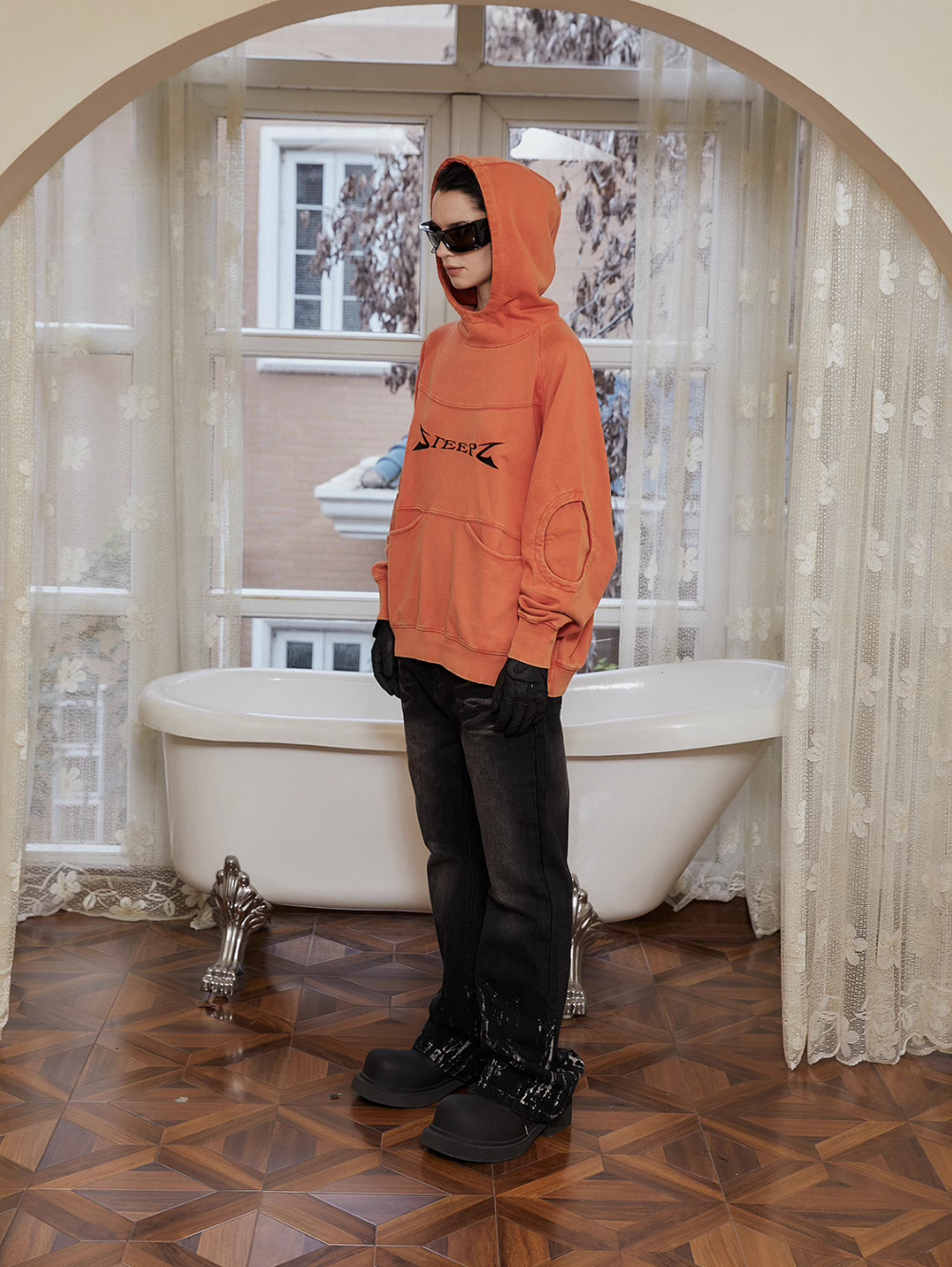 STEEPC Orange Structured Patchwork Hoodie