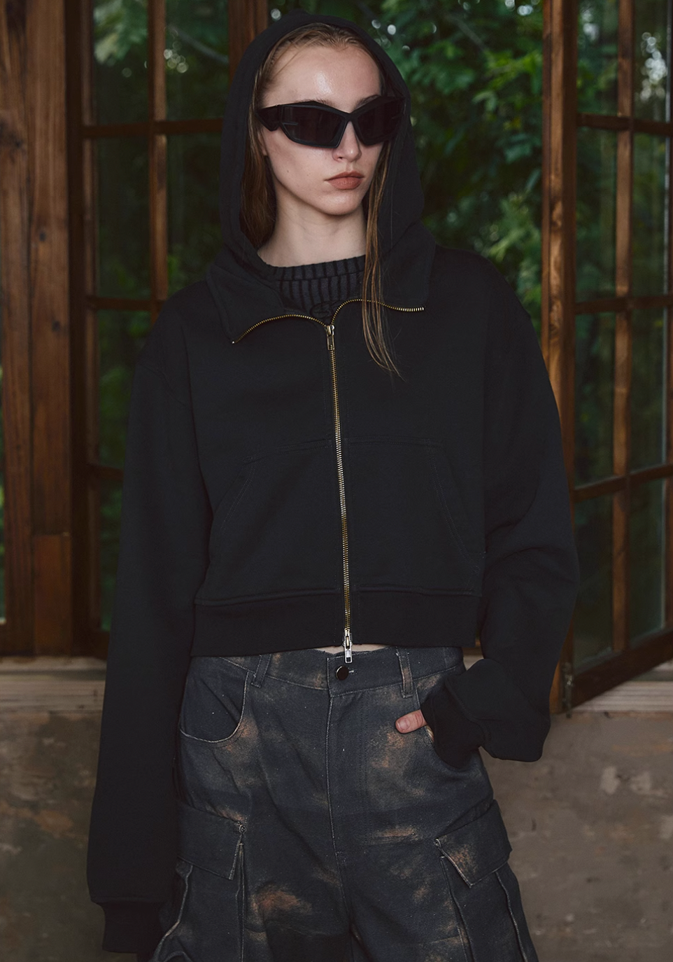 STEEPC Fake Two Piece Collar Boxy Crop Zip Hoodie