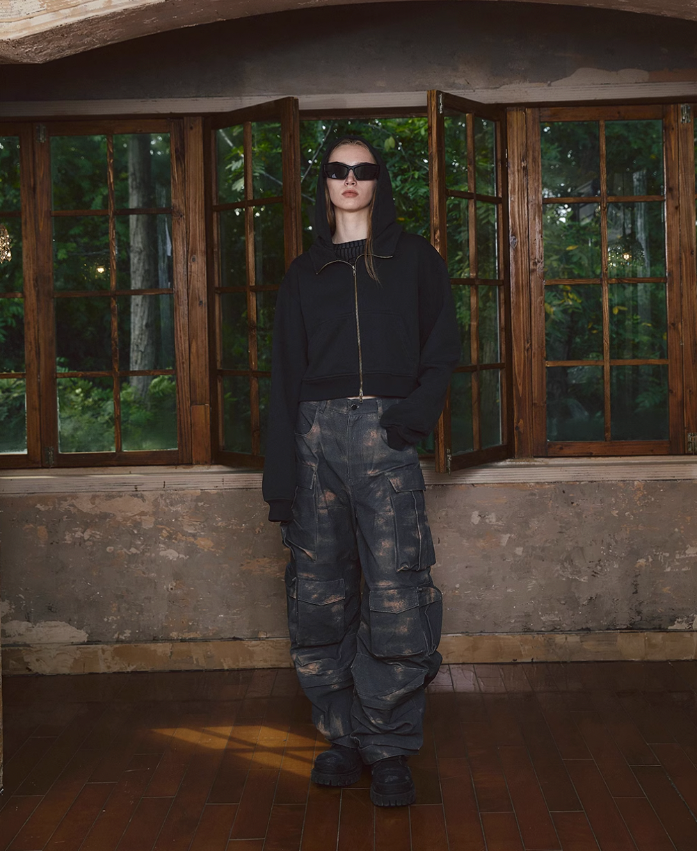 STEEPC Fake Two Piece Collar Boxy Crop Zip Hoodie