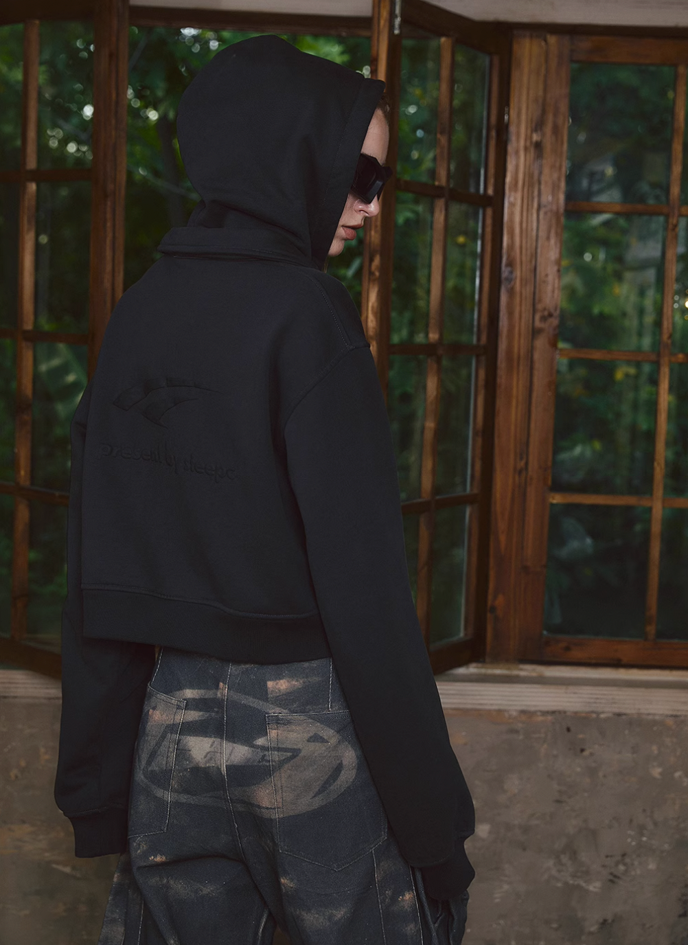 STEEPC Fake Two Piece Collar Boxy Crop Zip Hoodie